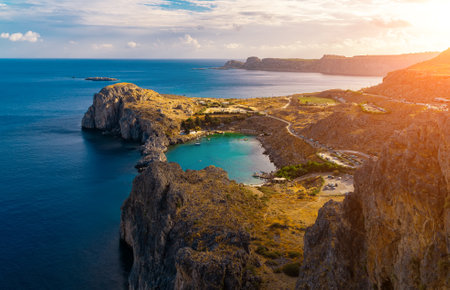 Aerial view on Saint Paul's bay in Lindos, Rhodes, Greece.の写真素材