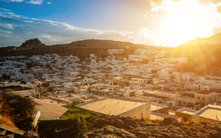 Snow-white roofs of the city of Lindos, Rhodes island, Greece.の写真素材