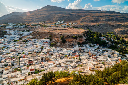 Snow-white roofs of the city of Lindos, Rhodes island, Greece.の写真素材