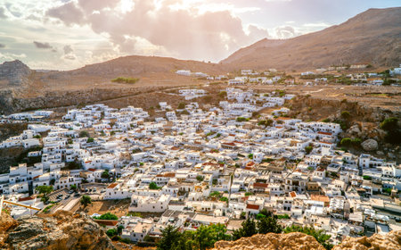 Snow-white roofs of the city of Lindos, Rhodes island, Greece.の写真素材