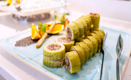 Stewed zucchini stuffed with meat and rice.の写真素材