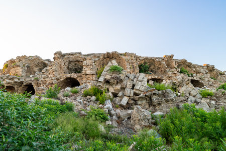 Ruins of the ancient city of Side. Ancient theater. View from the outside.の写真素材