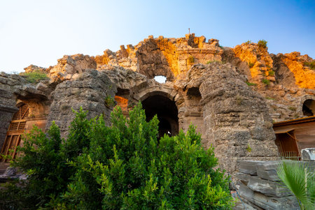 Ruins of the ancient city of Side. Ancient theater. View from the outside.の写真素材