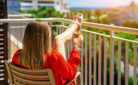 Woman in red dress with white wine enjoying vacation at balcony.の写真素材
