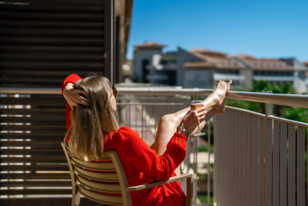 Woman in red dress with white wine enjoying vacation at balcony.の写真素材