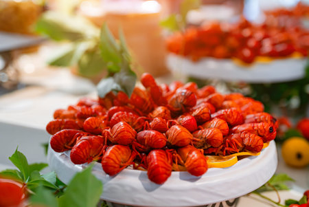 Boiled red crayfish on a plate.