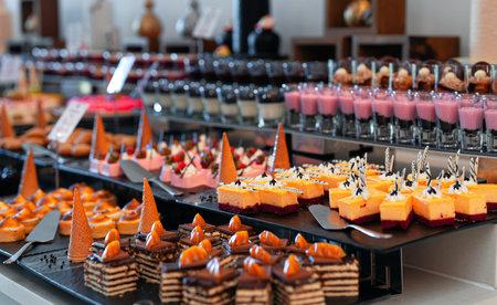 A variety of sweets and cakes. All-inclusive concept.