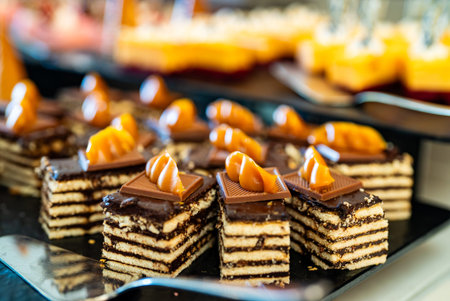Pieces of layered chocolate cake on a plate.