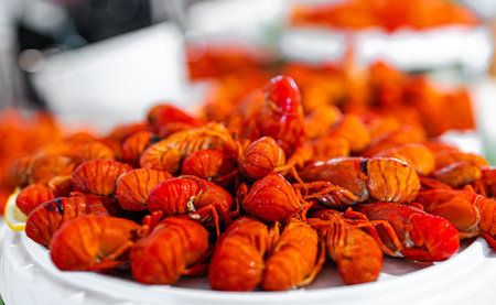 Boiled red crayfish on a plate.の写真素材