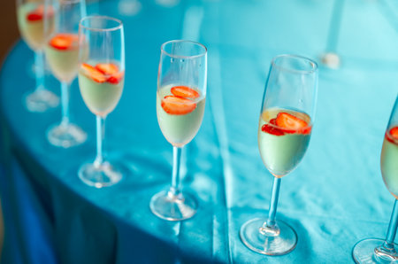Glasses of chilled champagne at the entrance to the event.の写真素材