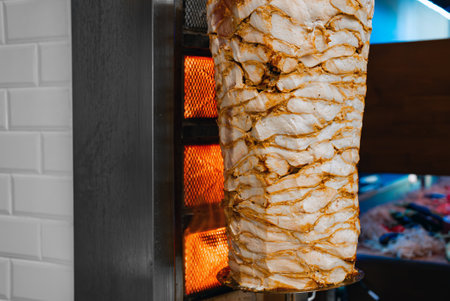 Juicy meat is fried on a shawarma spit.の写真素材