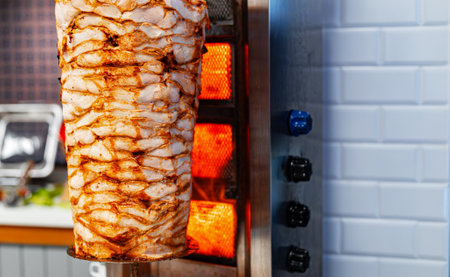 Juicy meat is fried on a shawarma spit.の写真素材