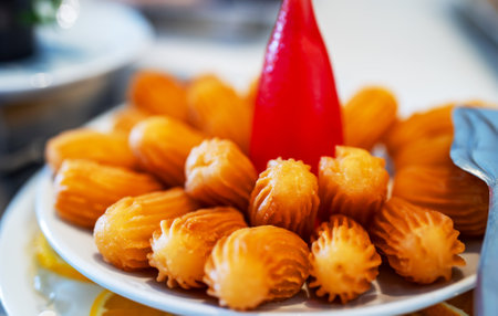 Lots of freshly prepared Tulumba or Bamiyeh.の写真素材