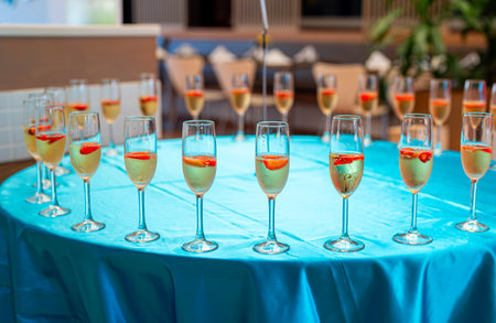 Glasses of chilled champagne at the entrance to the event.の写真素材