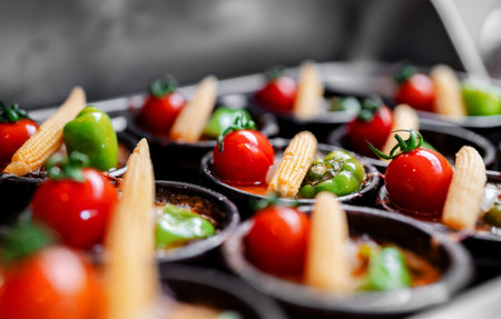 Baked potato gratin topped with tomato, paprika and corn.の写真素材