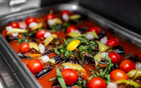 Baked eggplants with tomatoes in tomato sauce.