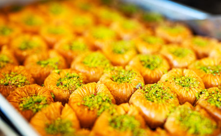 Traditional Turkish sweet dessert baklava with pistachios.