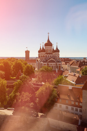 The upper part of old Tallinn with the Alexander Nevsky Church and the Pikk Hermann.の写真素材