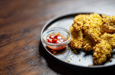 Crispy chicken strips with a golden crust and sauce.の写真素材