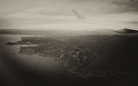 The French Riviera from a bird's eye view. Black and white.の写真素材