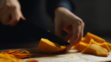 Peeling and cutting the pumpkin.の写真素材