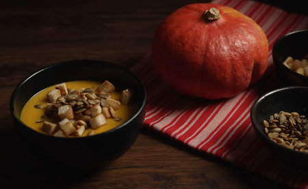 Classic pumpkin soup in a bowl.の写真素材