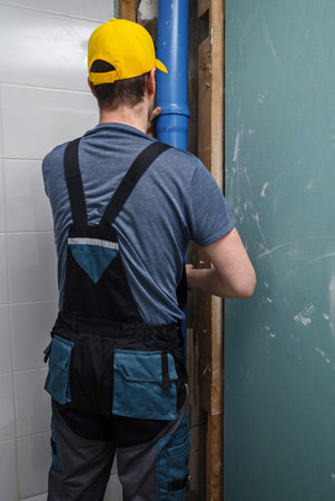 A man installing a new sewer drain stack.の写真素材