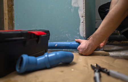 Man assembling plumbing pipes in the bathroom.の写真素材