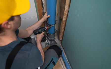 A man installing a new sewer drain stack.