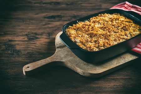 Baked Mac and Cheese in casserole dish.