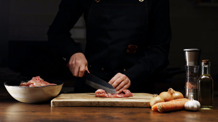 Chef Cutting Meat with Knife.の写真素材