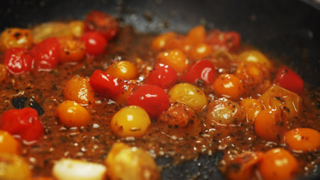 Cherry Tomatoes Gently Sauteed in Hot Skillet.の写真素材