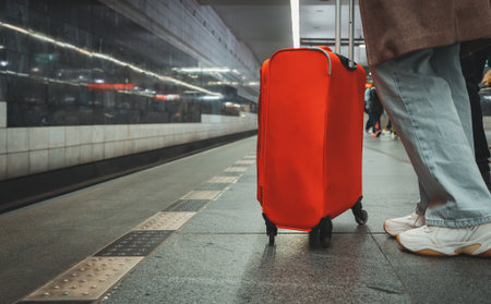 Woman with travel suitcase is waiting for a metro.の写真素材