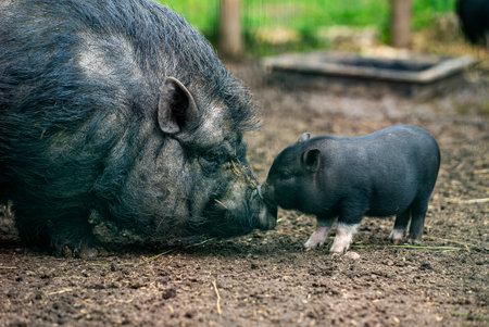 Pot-bellied pig and piglet touching noses outdoorsの写真素材