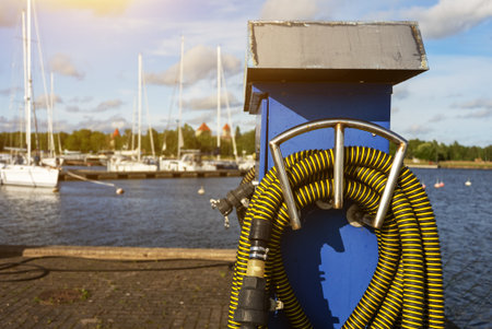 Boat fuel station with gasoline and diesel pumps.の写真素材