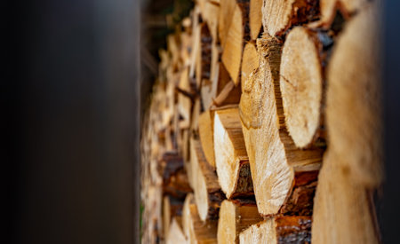 Stack of neatly chopped firewood in a wooden shed.の写真素材