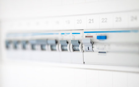 Close-up view of switches on fuse board.の写真素材