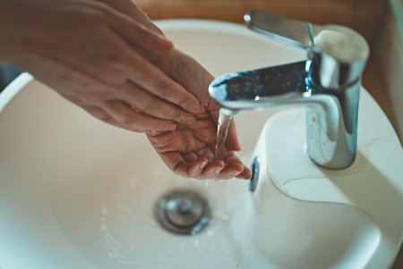 Woman washes her hands in the sink.の写真素材