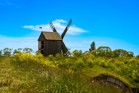 Traditional wooden windmill in countryside.