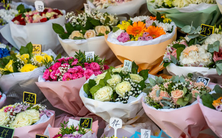 Colorful Flower Market Display with Price Tags.の写真素材