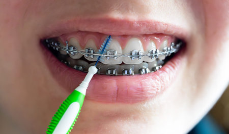 Close up of braces cleaning with interdental brush.