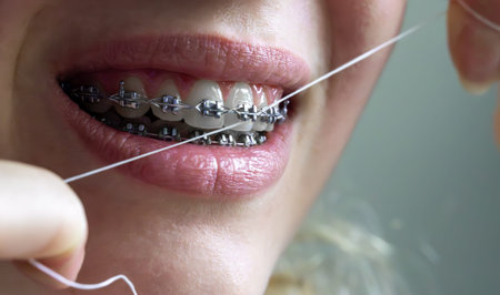 Close up of braces cleaning with dental floss.