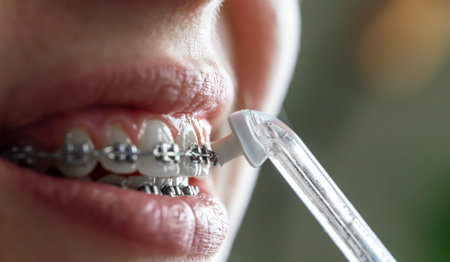 Close up of braces cleaning with water flosser.