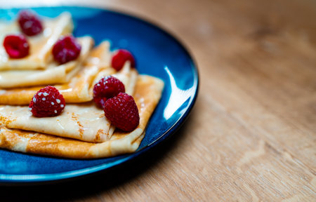 Pancakes with raspberries.の写真素材