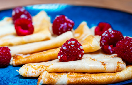 Pancakes with raspberries.の写真素材