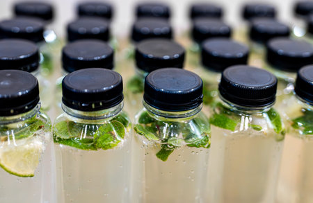 Plastic bottles filled with sparkling lime mint water.