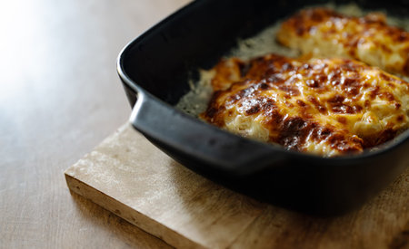 Oven baked chicken fillet with pineapple and cheese crust.の写真素材