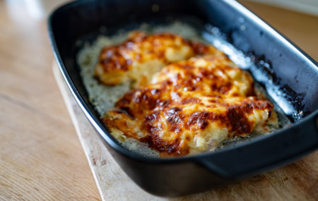 Oven baked chicken fillet with pineapple and cheese crust.
