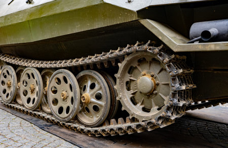 Wheels and tracks of military armored vehicle.