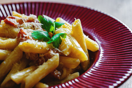 Creamy Carbonara with Bacon and Pasta.の写真素材